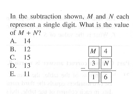 In the subtraction shown, M and N each represent a single digit. What is the value of M+ N?