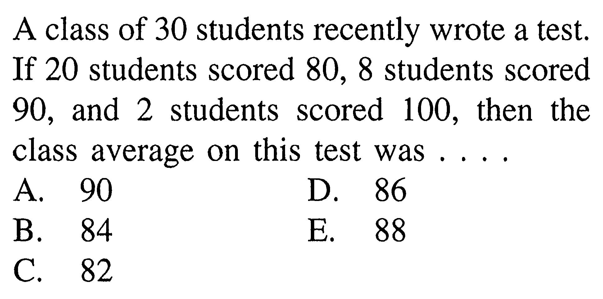 A class of 30 students recently wrote a test. If 20 students scored 80,8 students scored 90, and 2 students scored 100, then the class average on this test was ....
