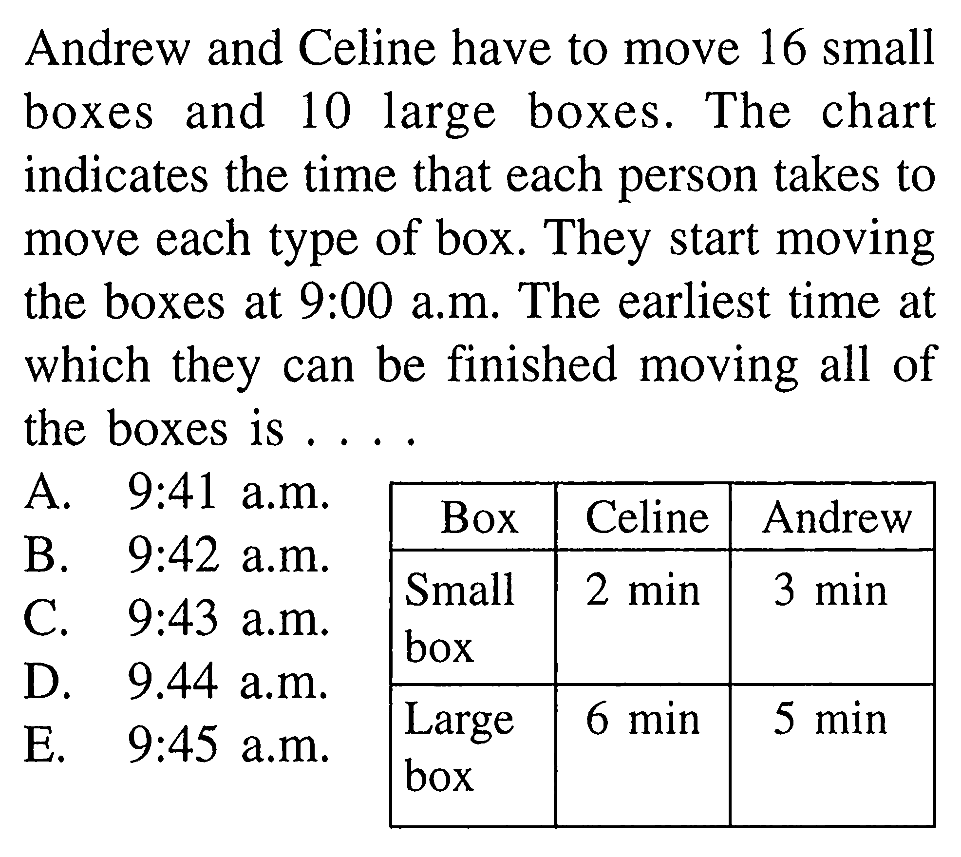 Andrew and Celine have to move 16 small boxes and 10 large boxes. The chart indicates the time that each person takes to move each type of box. They start moving the boxes at 9:00 a.m. The earliest time at which they can be finished moving all of the boxes is ....A. 9:41  a.m.B. 9:42  a.m.C. 9:43  a.m.D. 9:44  a.m.E. 9:45  a.m.Box   Celine  Andrew Small box   2 min    3 min  Large box   6 min    5 min  