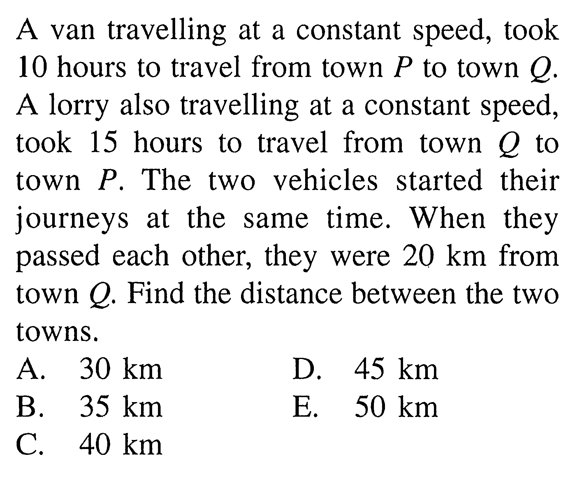 A van travelling at a constant speed, took 10 hours to travel from town  P  to town  Q . A lorry also travelling at a constant speed, took 15 hours to travel from town  Q  to town  P . The two vehicles started their journeys at the same time. When they passed each other, they were  20 km  from town  Q . Find the distance between the two towns.
