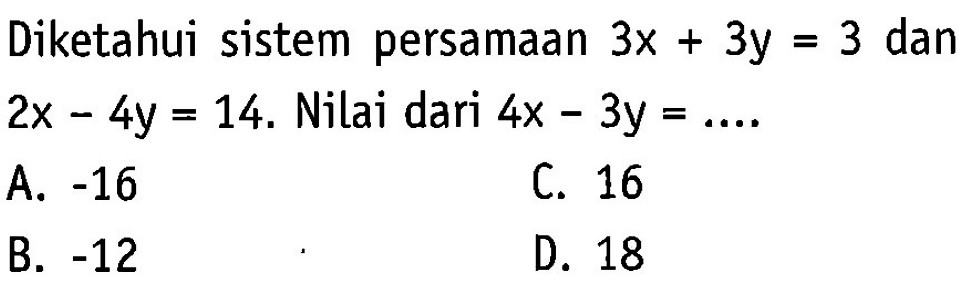 Diketahui sistem persamaan 3x + 3y = 3 dan  2x - 4y = 14. Nilai dari 4x - 3y = ...