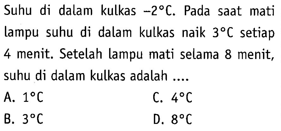 Suhu di dalam kulkas -2ºC. Pada saat mati lampu suhu di dalam kulkas naik 3ºC setiap 4 menit. Setelah lampu mati selama 8 menit, suhu di dalam kulkas adalah 
 A. 1ºC 
 B. 3ºC 
 C. 4ºC
 D. 8ºC