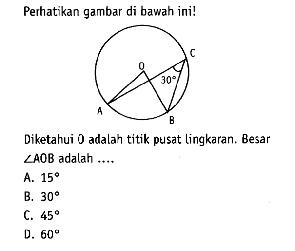 Perhatikan gambar di bawah ini! 30 Diketahui 0 adalah titik pusat lingkaran. Besar sudut AOB adalah ....