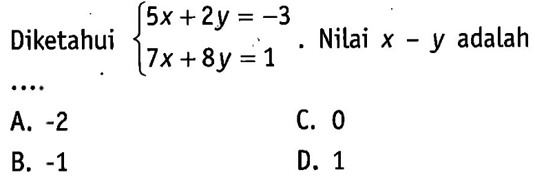 Diketahui 5x + 2y = -3 7x + 8y = 1. Nilai x - y adalah... A. -2 C. 0 B. -1 D. 1