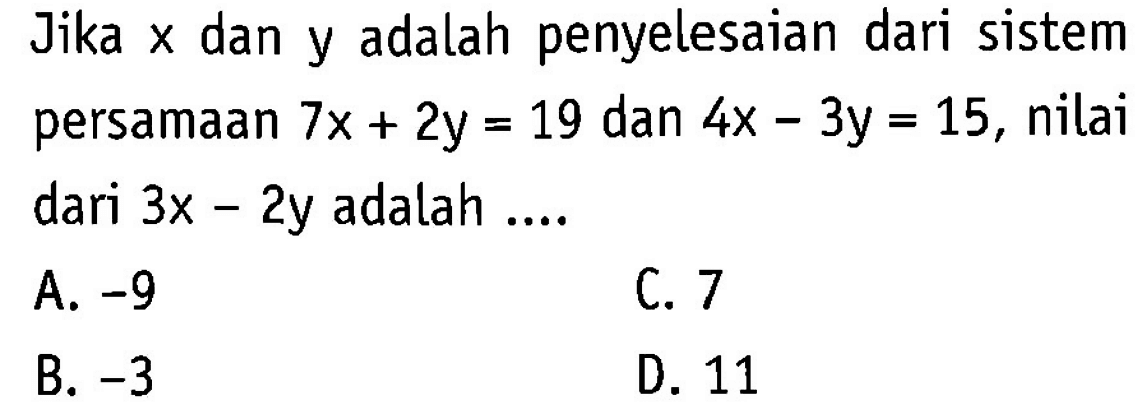 Jika x dan y adalah penyelesaian dari sistem persamaan 7x + 2y = 19 dan 4x - 3y = 15, nilai dari 3x - 2y adalah ... A. -9 C. 7 B. -3 D. 11