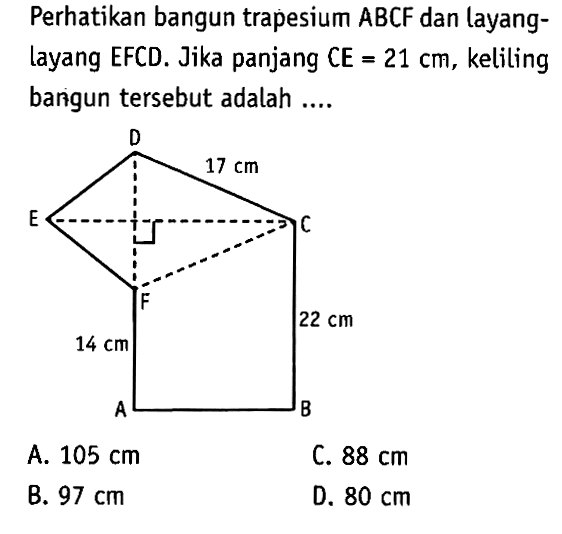 Perhatikan bangun trapesium ABCF dan layang-layang EFCD. Jika panjang CE=21 cm, keliling bangun tersebut adalah ....