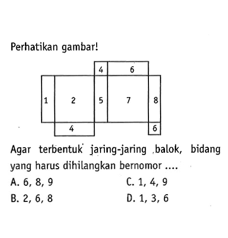 Perhatikan gambar!Agar terbentuk jaring-jaring, balok, bidang yang harus dihilangkan bernomor ....