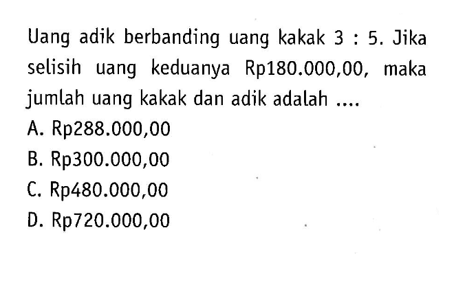 Uang adik berbanding uang kakak 3:5. Jika selisih uang keduanya Rp180.000,00, maka jumlah uang kakak dan adik adalah ....