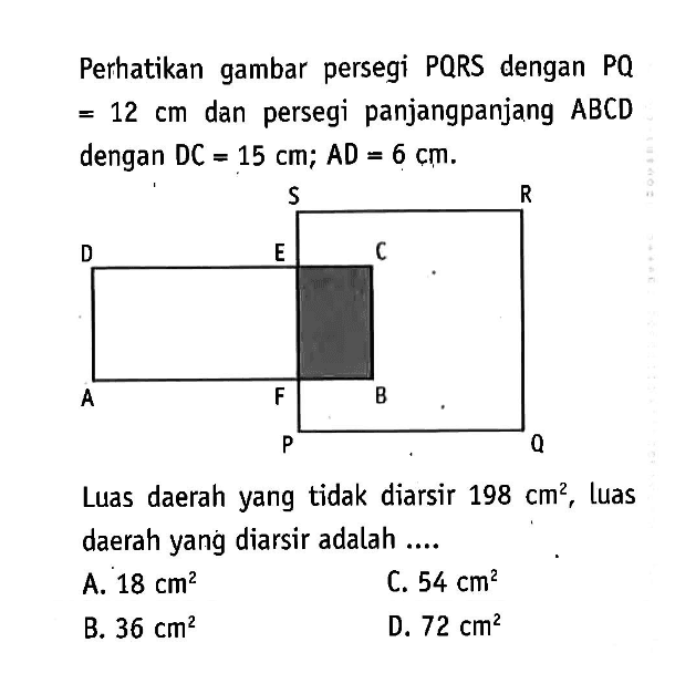 Perhatikan gambar persegi PQRS dengan PQ=12 cm dan persegi panjangpanjang A B C D dengan DC=15 cm; AD=6 cm.Luas daerah yang tidak diarsir 198 cm^2, luas daerah yang diarsir adalah ....