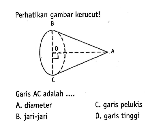 Perhatikan gambar kerucut!Garis AC adalah ...