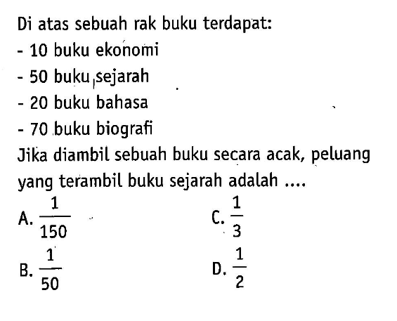 Di atas sebuah rak buku terdapat:- 10 buku ekonomi- 50 buku,sejarah- 20 buku bahasa- 70 buku biografiJika diambil sebuah buku secara acak, peluang yang terambil buku sejarah adalah ....