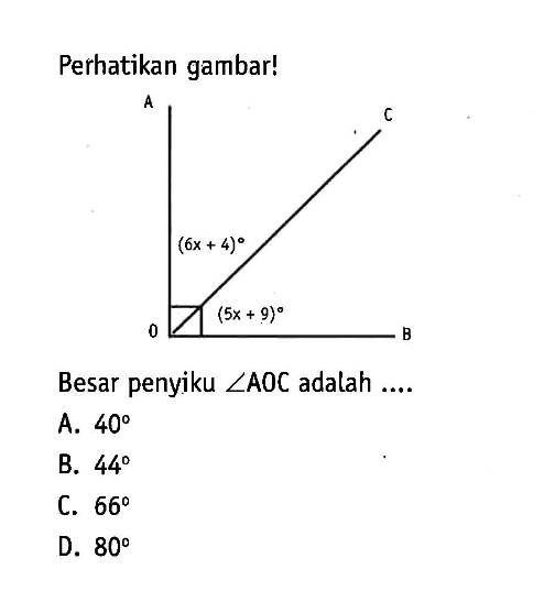 Perhatikan gambar!Besar penyiku  sudut AOC  adalah ....