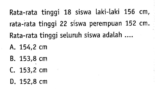 Rata-rata tinggi 18 siswa laki-laki 156 cm, rata-rata tinggi 22 siswa perempuan 152 cm. Rata-rata tinggi seluruh siswa adalah ....