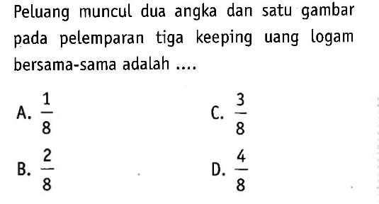 Peluang muncul dua angka dan satu gambar pada pelemparan tiga keeping uang logam bersama-sama adalah ....
