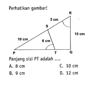 Perhatikan gambar! Panjang sisi PT adalah ....10 cm 5 cm 10 cm 6 cm