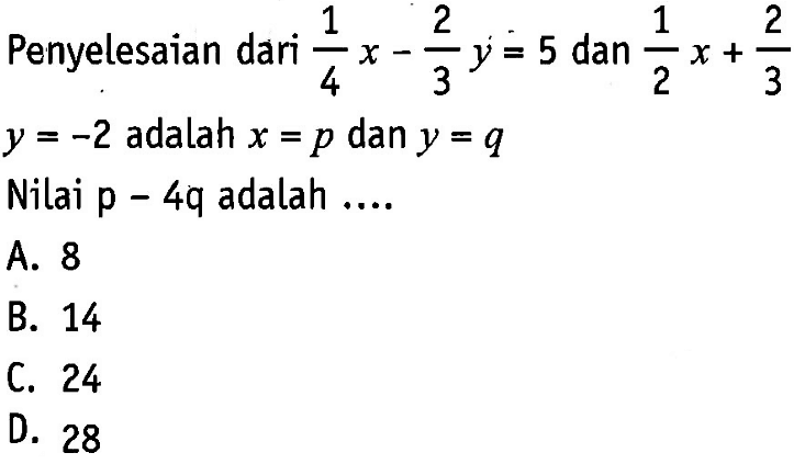 Penyelesaian dari (1/4)x - (2/3)y = 5 dan (1/2)x + (2/3)y = -2 adalah x = p dan y = q Nilai p - 4q adalah .... A. 8 B. 14 C. 24 D. 28