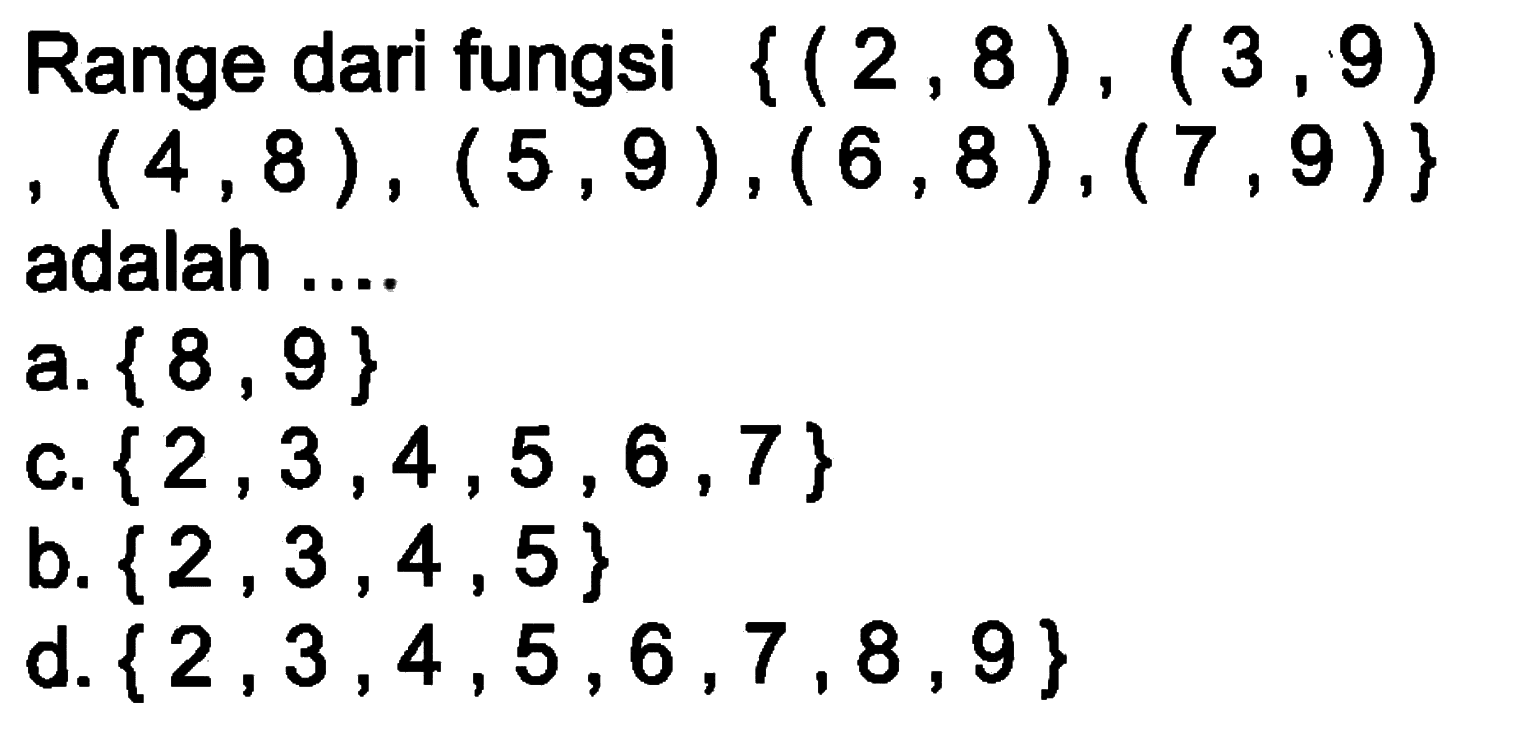 Range dari fungsi {(2 , 8) , (3 , 9) (4 ,8) , (5 , 9) , (6 , 8) , (7 , 9) } adalah ...