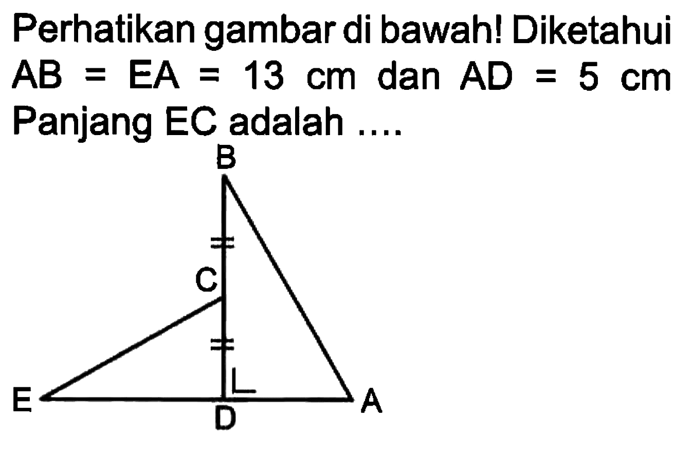 Perhatikan gambar di bawah! Diketahui  AB=EA=13 cm  dan  AD=5 cm  Panjang EC adalah ....