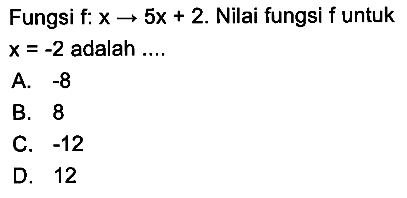 Fungsi f:x -> 5x + 2. Nilai fungsi f untuk x = -2 adalah