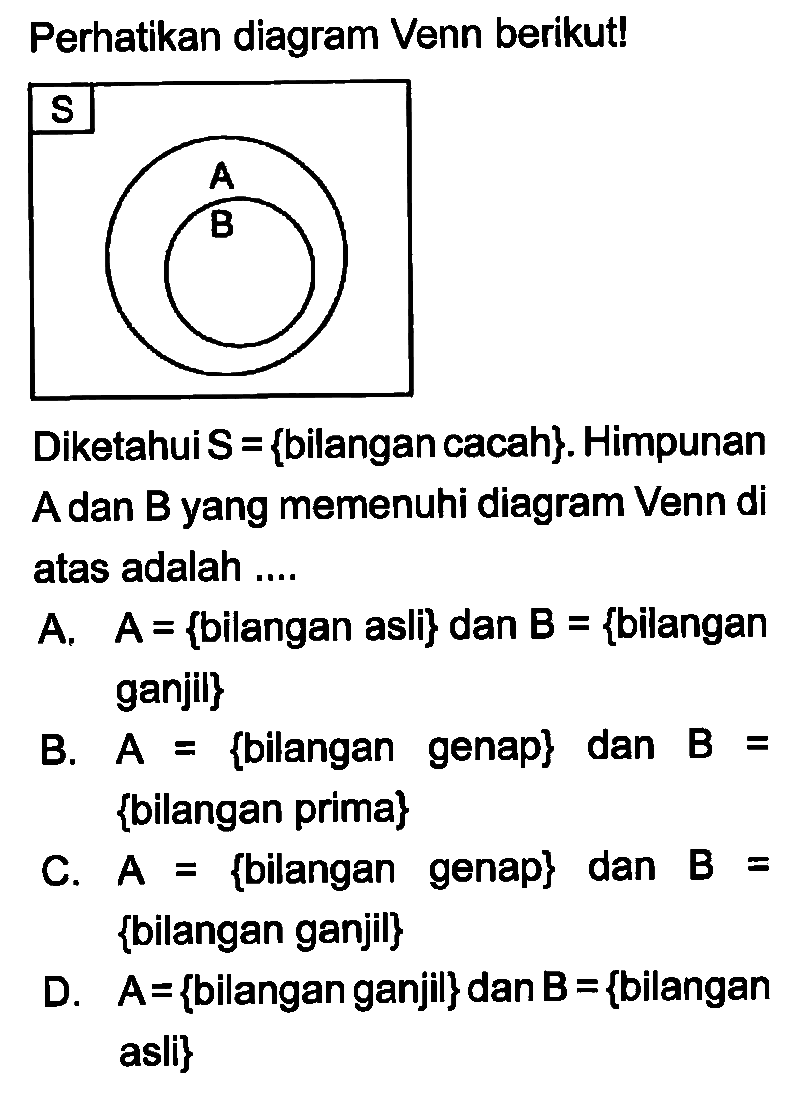 Perhatikan diagram Venn berikut! Diketahui S = {bilangan cacah} Himpunan A dan B yang memenuhi diagram Venn di atas adalah...