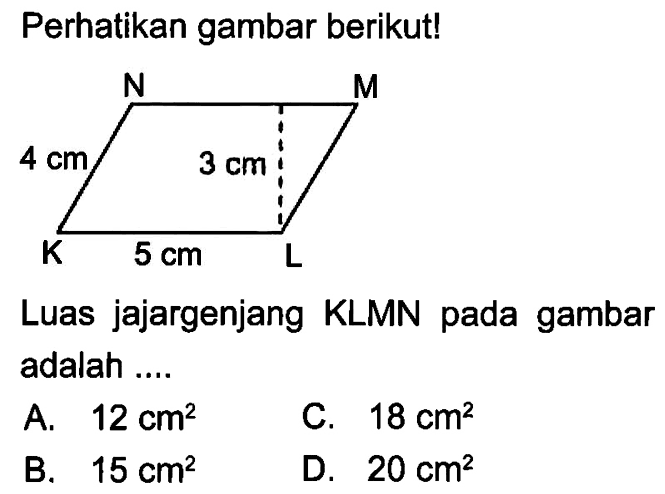 Perhatikan gambar berikut!Luas jajargenjang KLMN pada gambar adalah ....