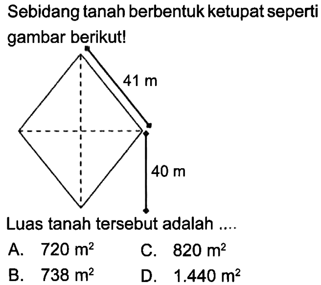 Sebidang tanah berbentuk ketupat seperti gambar berikut!Luas tanah tersebut adalah .... 41 m 40 m