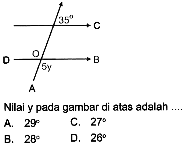 35 C D O 5y B A Nilai y pada gambar di atas adalah .... A. 29 B. 28 C. 27 D. 26 