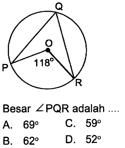 P Q R O 118 Besar sudut PQR adalah..A.  69 C.  59 B.  62 D.  52 