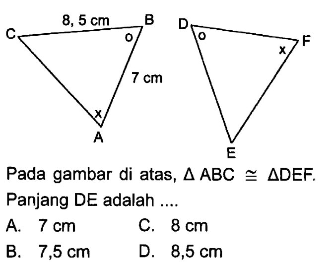 A B C 8,5 cm 7 cm o xD E F o xPada gambar di atas,  segitiga ABC kongruen segitiga DEF .Panjang DE adalah ....