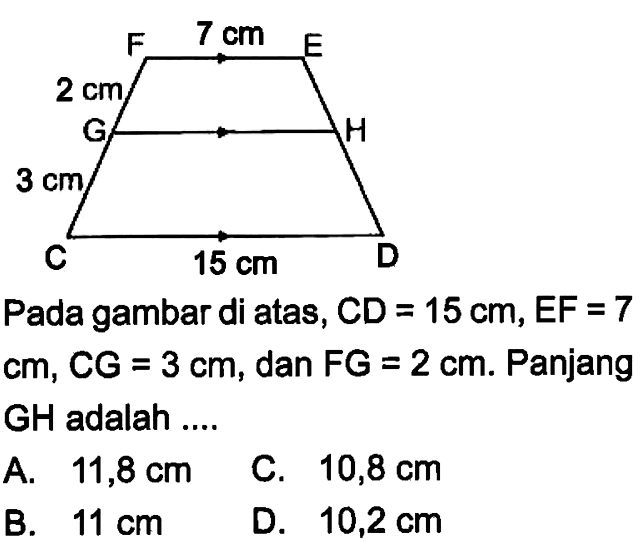 F 7 cm E 2 cm G H 3 cm C 15 cm D Pada gambar di atas, CD=15 cm, EF=7 cm, CG=3 cm, dan FG=2 cm. Panjang GH adalah ....