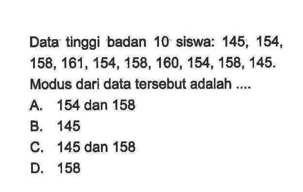 Data tinggi badan 10 siswa: 145,154,158,161,154,158,160,154,158,145. Modus dari data tersebut adalah .... 
