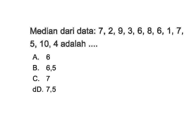 Median dari data: 7,2,9,3,6,8,6,1,7, 5,10,4 adalah ....