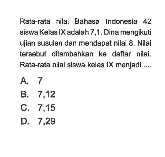 Rata-rata nilai Bahasa Indonesia 42 siswa Kelas IX adalah 7,1. Dina mengikuti ujian susulan dan mendapat nilai 8. Nilai tersebut ditambahkan ke daftar nilai. Rata-rata nilai siswa kelas IX menjadi .... 