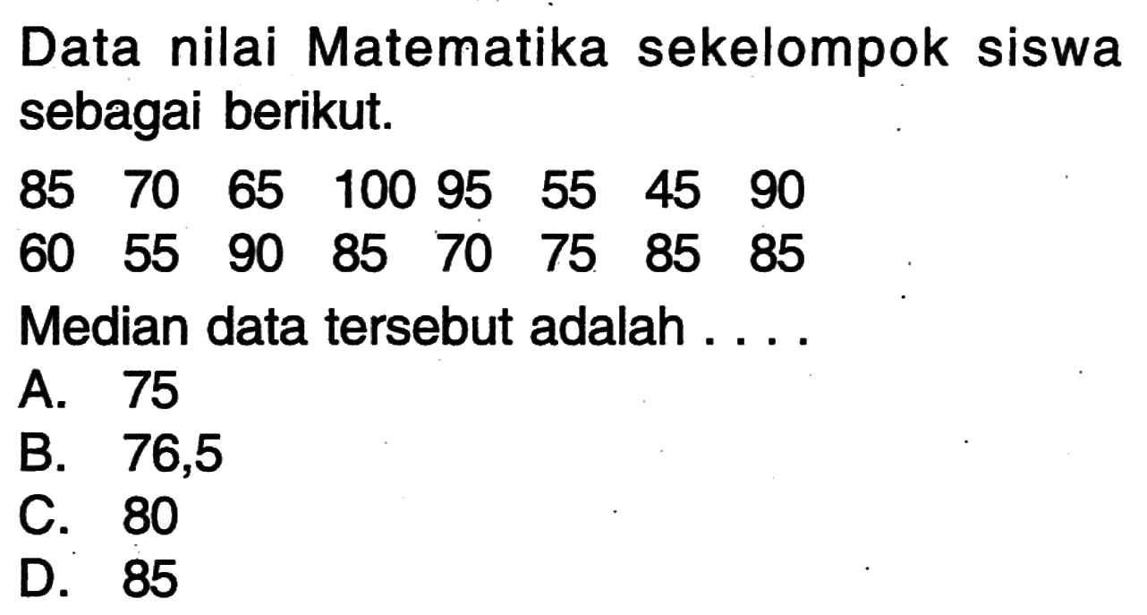 Data nilai Matematika sekelompok siswa sebagai berikut. 85 70 65 100 95 55 45 90 60 55 90 85 70 75 85 85 Median data tersebut adalah ....