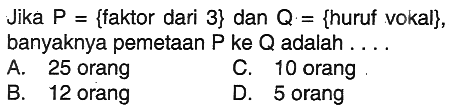 Jika P = {faktor dari 3} dan Q = {huruf vokal}, banyaknya pemetaan P ke Q adalah ... A. 25 orang C. 10 orang B. 12 orang D. 5 orang