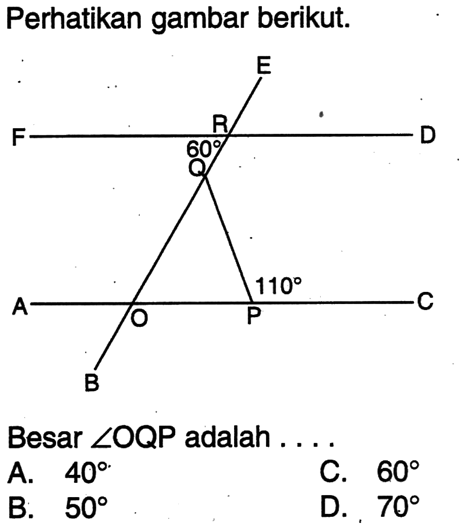 Perhatikan gambar berikut.60 Besar  sudut  OQP adalah.