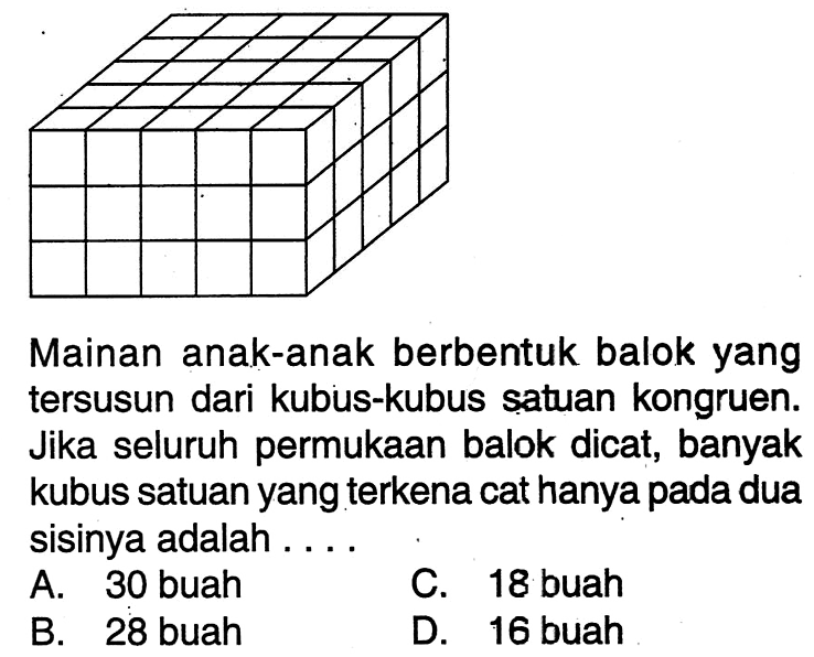 Mainan anak-anak berbentuk balok yang tersusun dari kubus-kubus satuan kongruen. Jika seluruh permukaan balok dicat, banyak kubus satuan yang terkena cat hanya pada dua sisinya adalah....