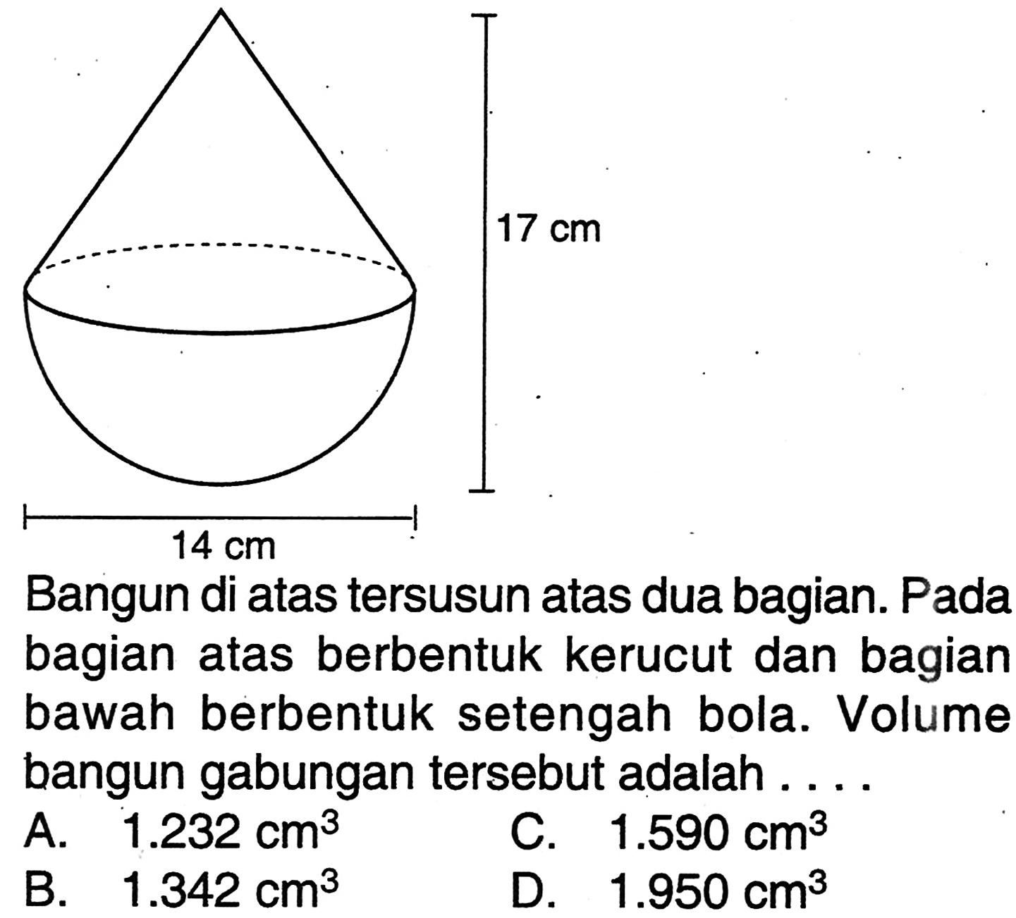Bangun di atas tersusun atas dua bagian. Pada bagian atas berbentuk kerucut dan bagian bawah berbentuk setengah bola. Volume bangun gabungan tersebut adalah ...14 cm 17 cm
