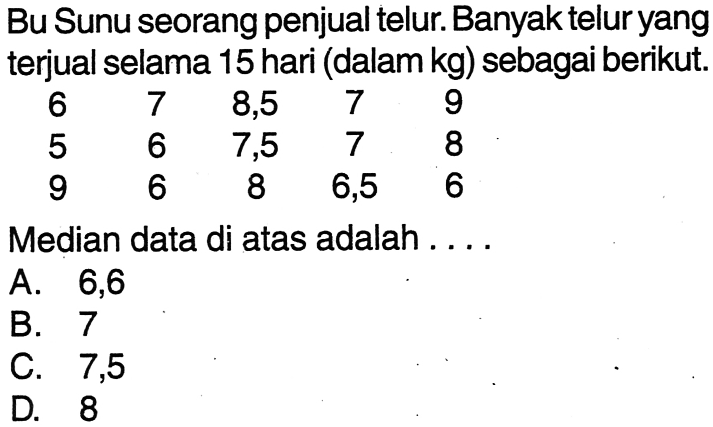 Bu Sunu seorang penjual telur. Banyak telur yang terjual selama 15 hari (dalam kg) sebagai berikut. c6  7  8,5  7  9  5  6  7,5  7  8  9  6  8  6,5  6 Median data di atas adalah ....