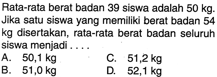 Rata-rata berat badan 39 siswa adalah 50 kg. Jika satu siswa yang memiliki berat badan 54 kg disertakan, rata-rata berat badan seluruh siswa menjadi .... 