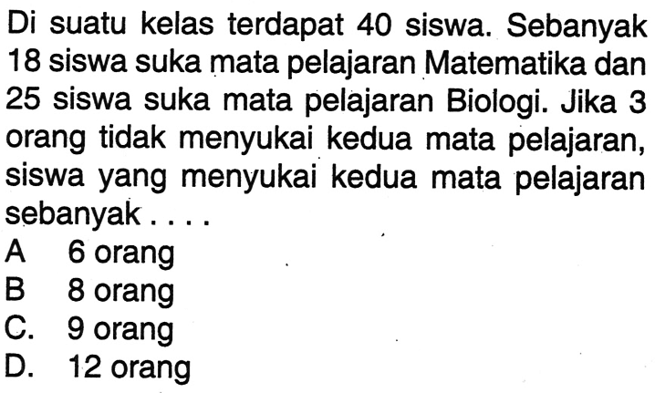 Di suatu kelas terdapat 40 siswa. Sebanyak 18 siswa suka mata pelajaran Matematika dan 25 siswa suka mata pelajaran Biologi. Jika 3 orang tidak menyukai kedua mata pelajaran, siswa yang menyukai kedua mata pelajaran sebanyak... A. 6 orang B. 8 orang C. 9 orang D. 12 orang