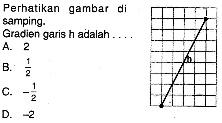 Perhatikan gambar di samping. Gradien garis h adalah ..... A. 2 B. 1/2 C. -1/2 D. -2