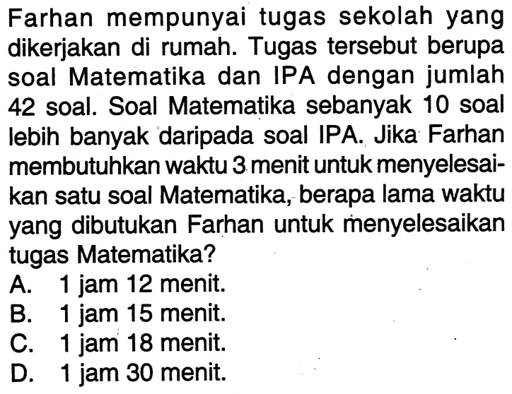 Farhan mempunyai tugas sekolah yang dikerjakan di rumah. Tugas tersebut berupa soal Matematika dan IPA dengan jumlah 42 soal. Soal Matematika sebanyak 10 soal lebih banyak daripada soal IPA Jika Farhan membutuhkan waktu 3 menit untuk menyelesaikan satu soal Matematika, berapa lama waktu yang dibutukan Farhan untuk menyelesaikan tugas Matematika? A. 1 jam 12 menit. B.1 jam 15 menit. C. 1 jam 18 menit. D. 1 jam 30 menit.