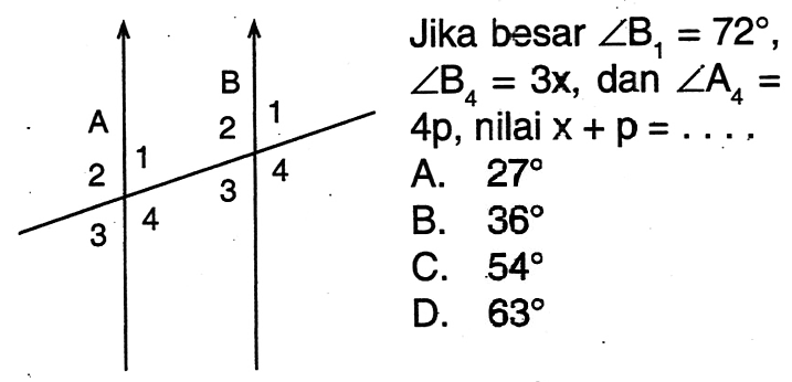 A 2 3 1 4 b 2 3 1 4 jika besar sudut B,=72, sudut B4=3x, dan sudut A=4p, nilai x + p=