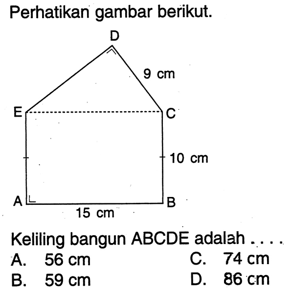 Perhatikan gambar berikut.Keliling bangun ABCDE adalah ....