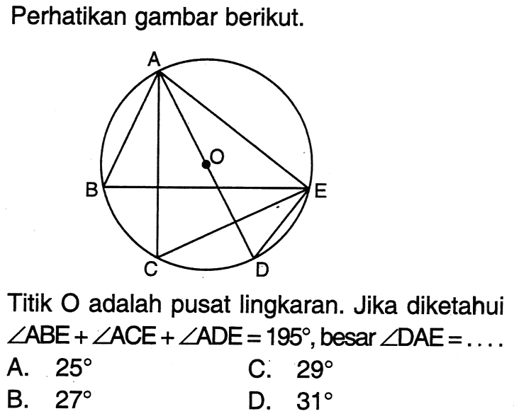 Perhatikan gambar berikut.Titik O adalah pusat lingkaran. Jika diketahui sudut ABE+sudut ACE+sudut ADE=195, besar sudut DAE= .... 