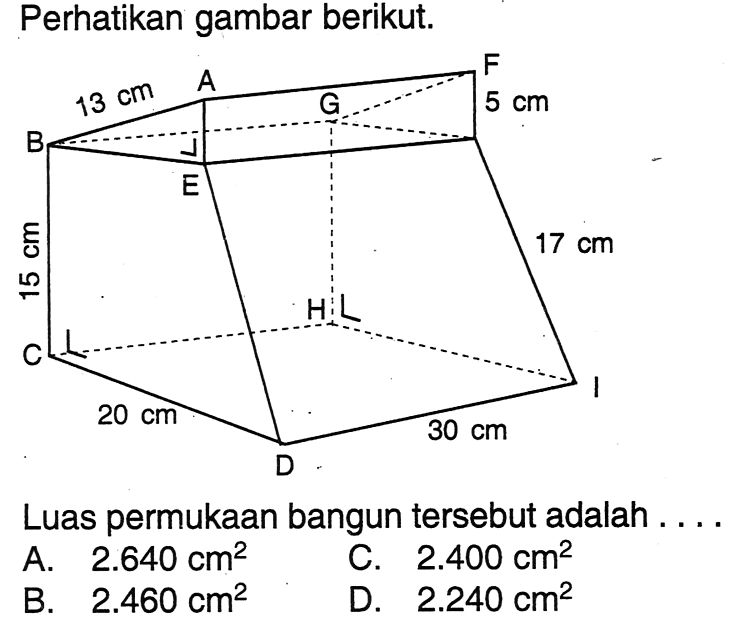 Perhatikan gambar berikut.A F 13 cm G 5 cm B E15 cm H 17 cm C 20 cm D 30 cm ILuas permukaan bangun tersebut adalah ....