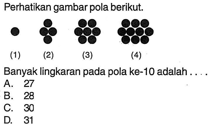 Perhatikan gambar pola berikut. Banyak lingkaran pada pola ke-10 adalah A. 27 B. 28 C. 30 D. 31