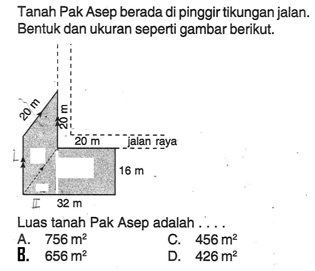 Tanah Pak Asep berada di pinggir tikungan jalan. Bentuk dan ukuran seperti gambar berikut.Luas tanah Pak Asep adalah ....