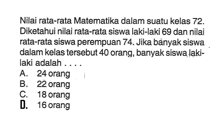 Nilai rata-rata Matematika dalam suatu kelas 72. Diketahui nilai rata-rata siswa laki-laki 69 dan nilai rata-rata siswa perempuan 74. Jika banyak siswa dalam kelas tersebut 40 orang, banyak siswa laki-laki adalah ....